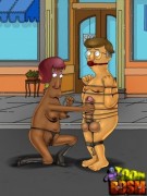 Cartoon chick in a mask nailing into black cock of poor bound guy in dirty porn cartoon