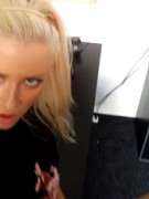 Blonde bitch in a black t-shirt gets doggystyled with her thong crotch moved aside